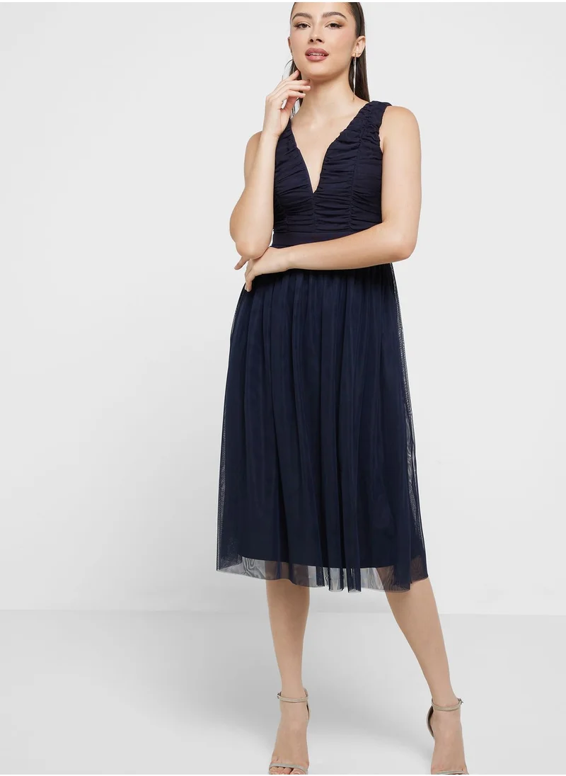 TFNC Plunge Neck Mesh Ruffle Dress