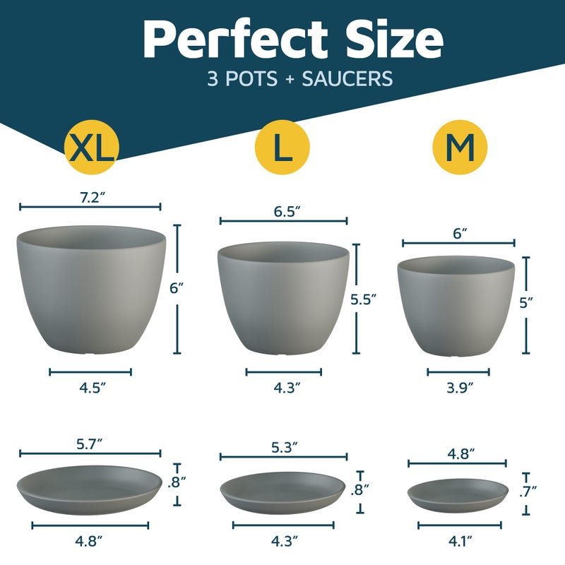 LifeMaster Gray Plant Pots with Drainage Holes & Saucers 3 Pack, Indoor & Outdoor Stackable Space-Saving Planters for Houseplants & Flowers, (7", 6.7", and 6" Inches), Durable & Weatherproof Materials - Image 2
