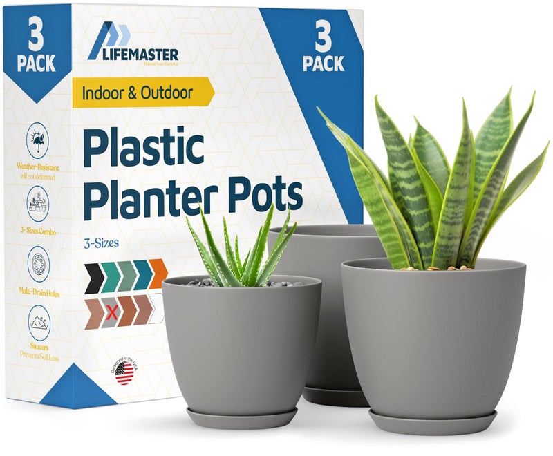 LifeMaster Gray Plant Pots with Drainage Holes & Saucers 3 Pack, Indoor & Outdoor Stackable Space-Saving Planters for Houseplants & Flowers, (7", 6.7", and 6" Inches), Durable & Weatherproof Materials - Image 1