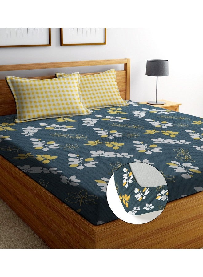 SHOMES Elastic Fitted Bedsheets with 2 King Size Pillow Covers | Double Bed with All Around Elastic, Size 72 X 78 X 8 Inches (Grey, Yellow, 250 Tc, Floral) - Image 1
