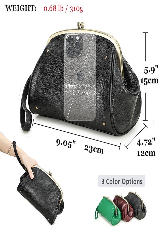 Contacts Kiss Lock Clutch Bag for Women Leather Evening Bag Large Clutch Purse Vintage Wristlet Handbag Phone Organizer (Black) - Image 3