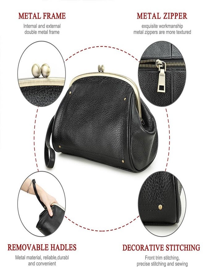 Contacts Kiss Lock Clutch Bag for Women Leather Evening Bag Large Clutch Purse Vintage Wristlet Handbag Phone Organizer (Black) - Image 5