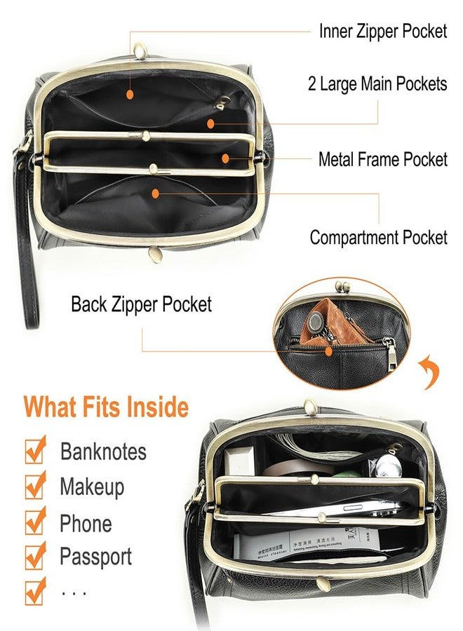 Contacts Kiss Lock Clutch Bag for Women Leather Evening Bag Large Clutch Purse Vintage Wristlet Handbag Phone Organizer (Black) - Image 4