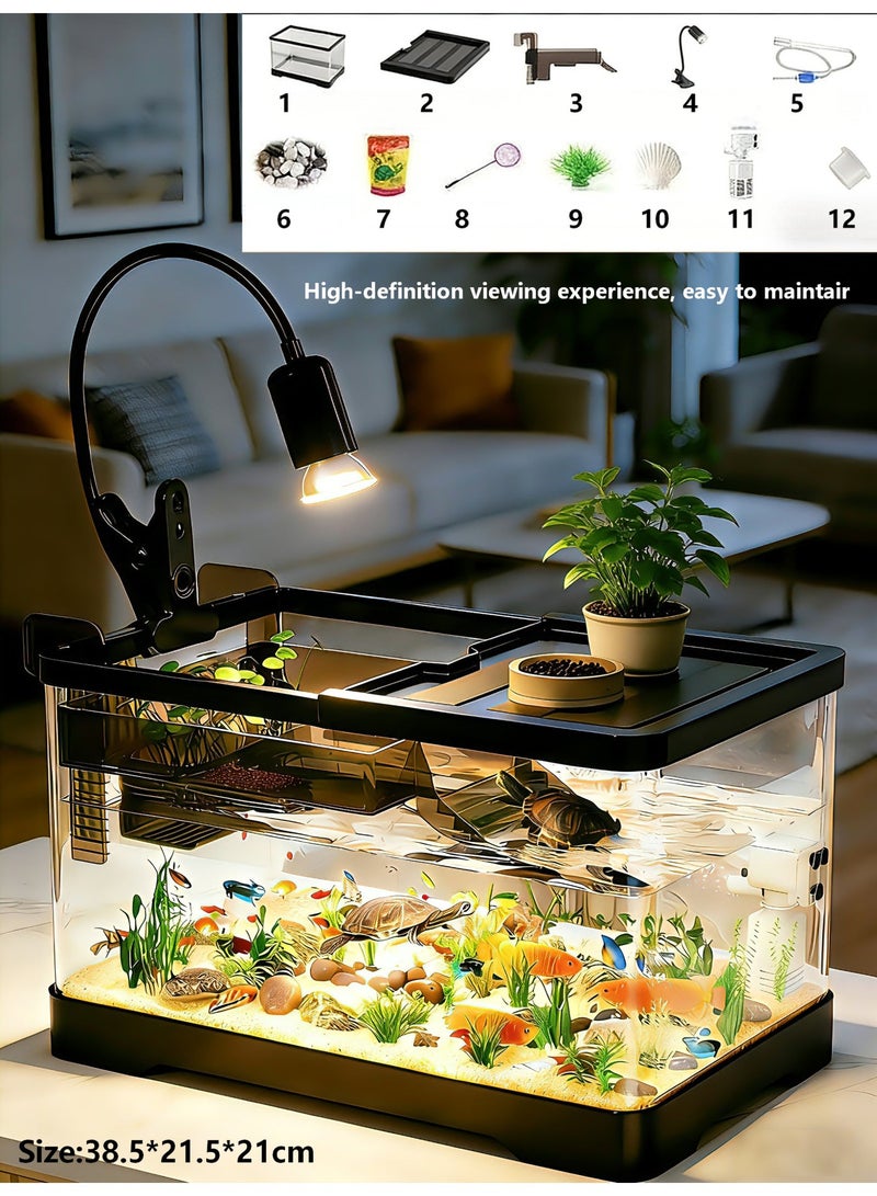 مجموعة حوض سمك/أكواريوم، تشمل إضاءة نباتية، ومضخة هواء، وفلتر، مناسبة للمبتدئين. حوض سمك بلاستيكي شفاف، مناسب لأسماك البيتا، والأسماك الذهبية، والسلاحف (متوسطة الحجم). - Image 1