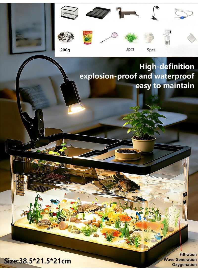 مجموعة حوض سمك/أكواريوم، تشمل إضاءة نباتية، ومضخة هواء، وفلتر، مناسبة للمبتدئين. حوض سمك بلاستيكي شفاف، مناسب لأسماك البيتا، والأسماك الذهبية، والسلاحف (متوسطة الحجم). - Image 1
