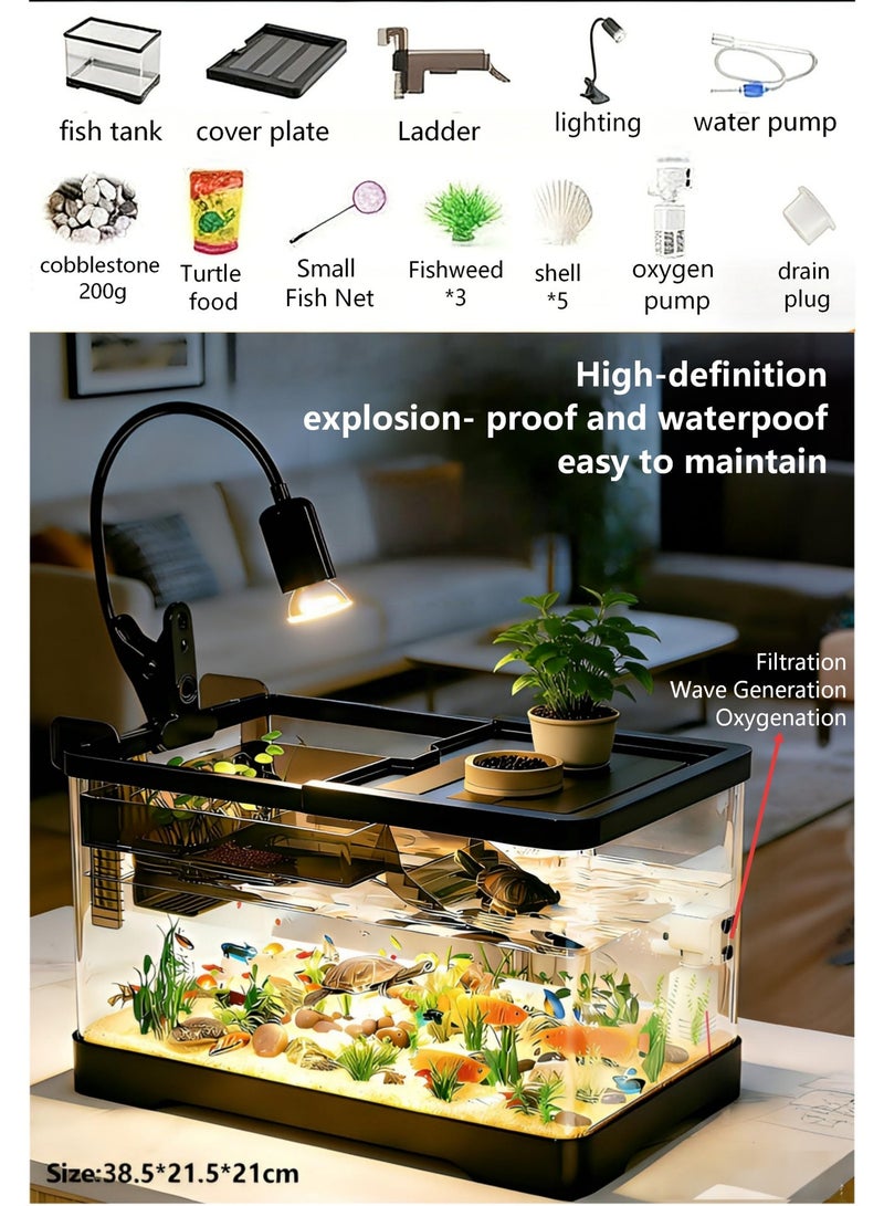 مجموعة حوض سمك/أكواريوم، تشمل إضاءة نباتية، ومضخة هواء، وفلتر، مناسبة للمبتدئين. حوض سمك بلاستيكي شفاف، مناسب لأسماك البيتا، والأسماك الذهبية، والسلاحف (متوسطة الحجم). - Image 1