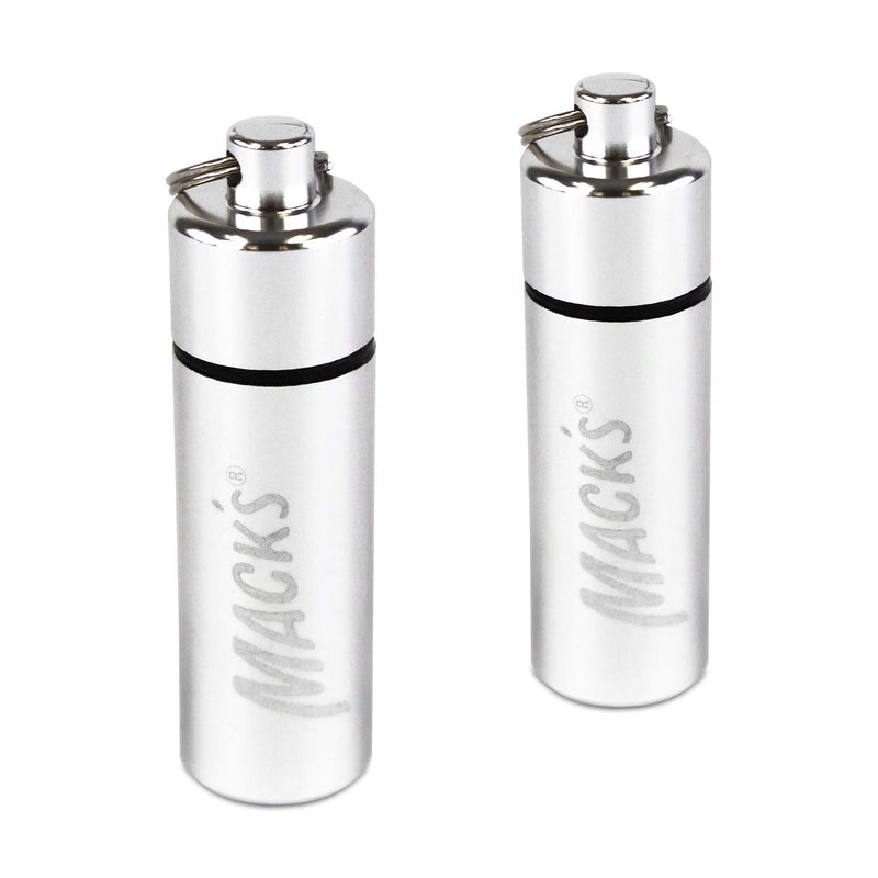 Macks Keychain Carrying Case Aluminum Waterproof Ear Plugs Holder 2 Pack Silver