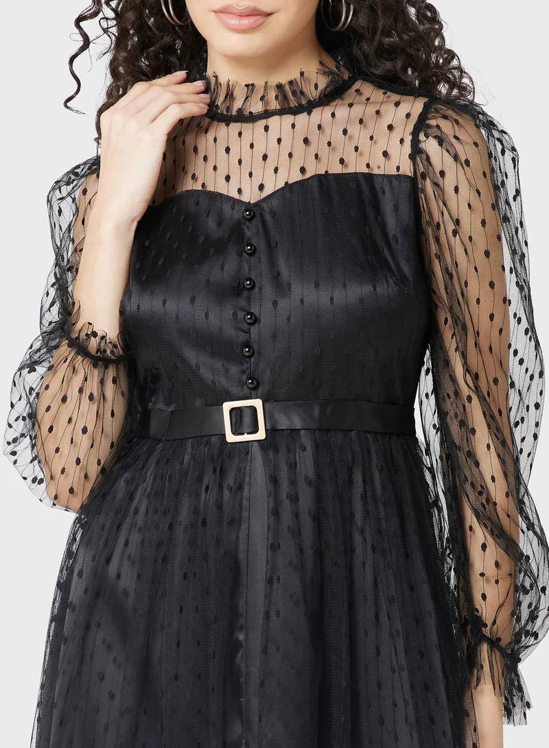 ELLA Sheer Sleeve Belted Dress