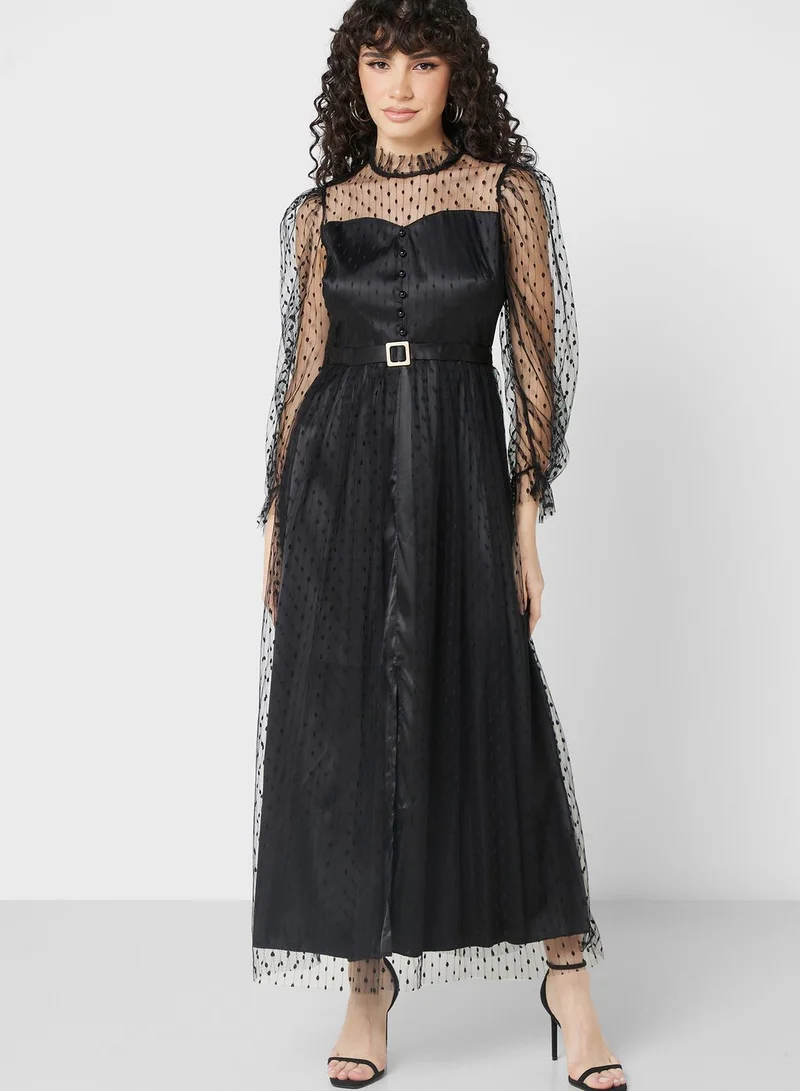 ELLA Sheer Sleeve Belted Dress