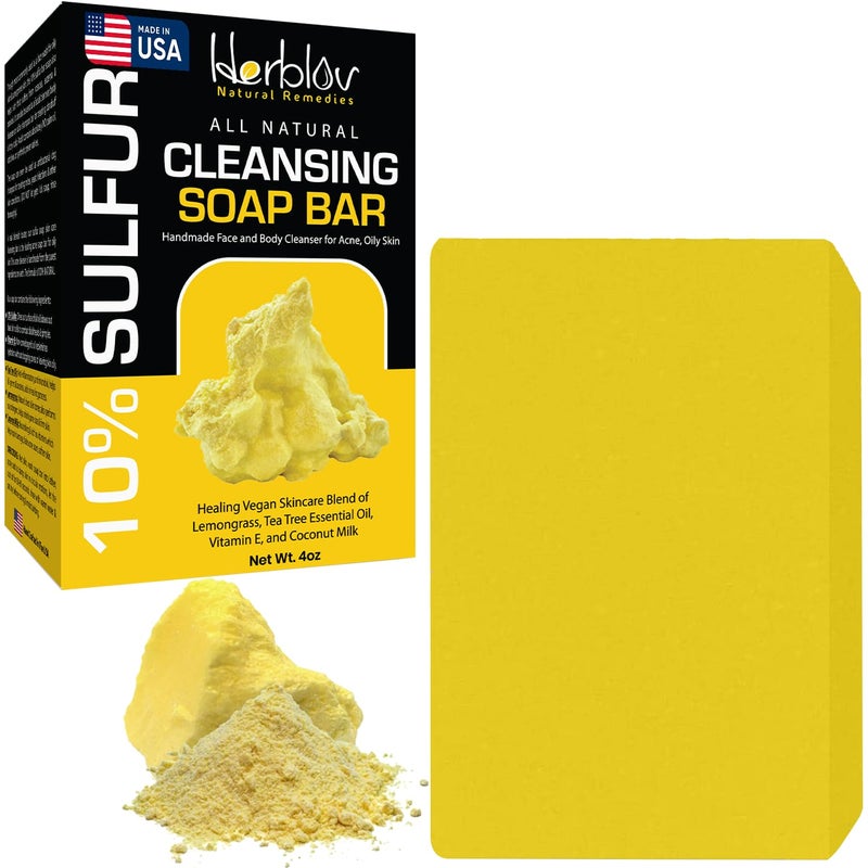 Herblov Cleansing 10% Sulfur Soap Bar for Face & Body â€“ Natural Shine Control Facial Cleanser for Acne, Oily Skin â€“ Made in USA Healing Skincare Wash with Lemongrass, Tea Tree Oil, Vitamin E, Coconut Milk - Image 1