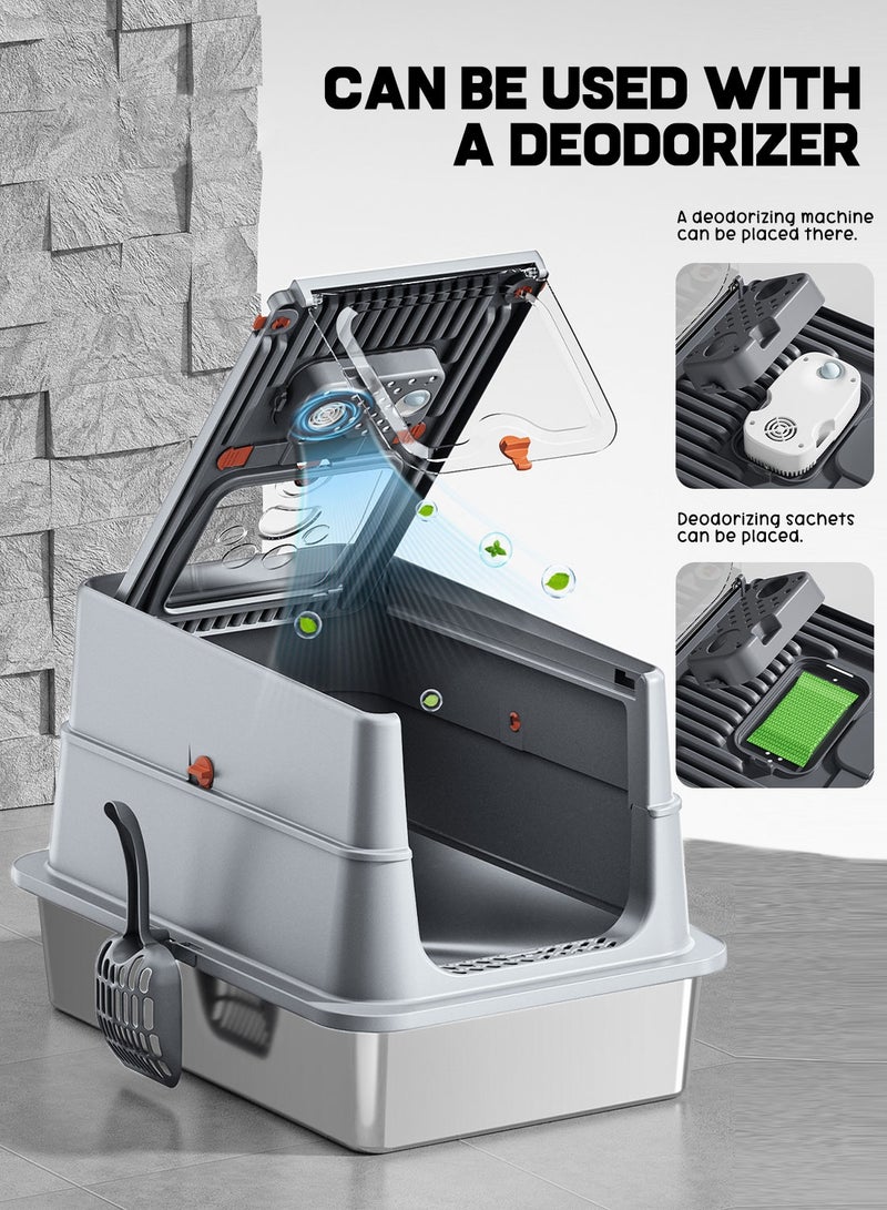 كيدل الفولاذ المقاوم للصدأ قطة القمامة مربع مع غطاء الجوانب العالية معدنية قطة القمامة مربع غير عصا ومكافحة التسرب رائحة مجانية - Image 3