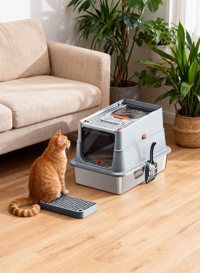 كيدل الفولاذ المقاوم للصدأ قطة القمامة مربع مع غطاء الجوانب العالية معدنية قطة القمامة مربع غير عصا ومكافحة التسرب رائحة مجانية - Image 4