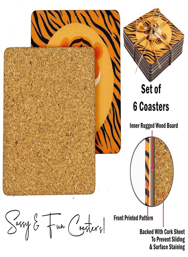 Inkdotpot Set of 6 Drink Coasters Decorative Non,Slip Cork Base 4-inch Square Printed Coasters Easy Clean- Tiger - Image 4