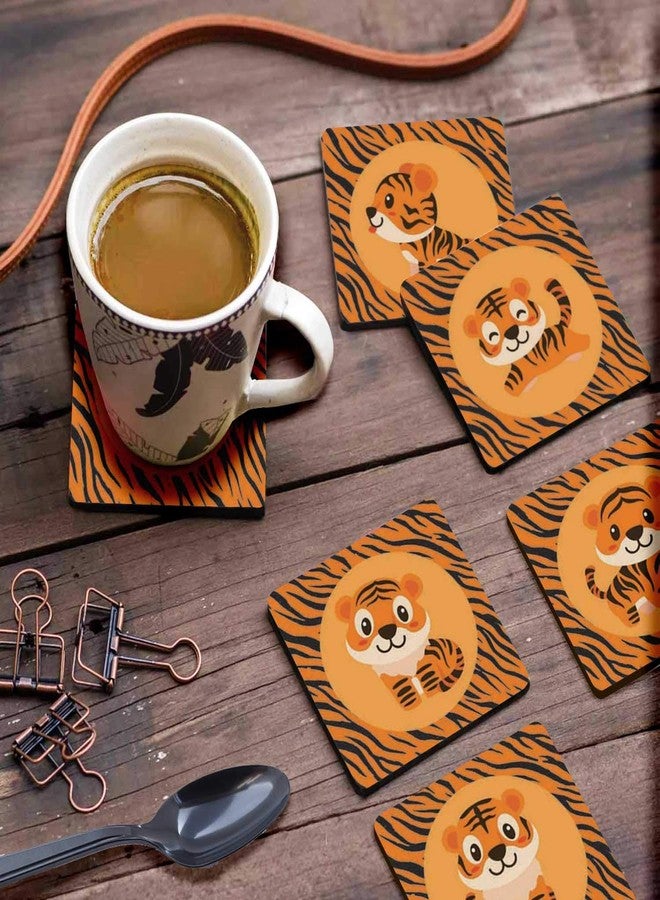 Inkdotpot Set of 6 Drink Coasters Decorative Non,Slip Cork Base 4-inch Square Printed Coasters Easy Clean- Tiger - Image 3