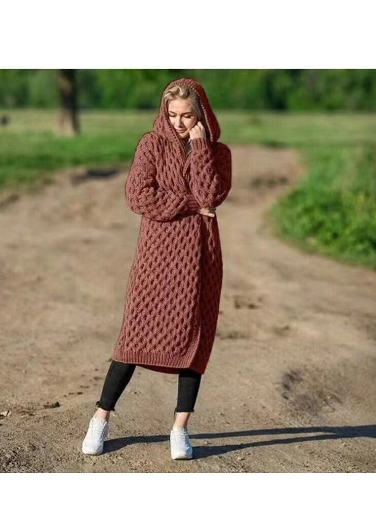 Loquat Autumn And Winter Warm New Solid Color Women's Long Knit Hooded Cardigan Coat