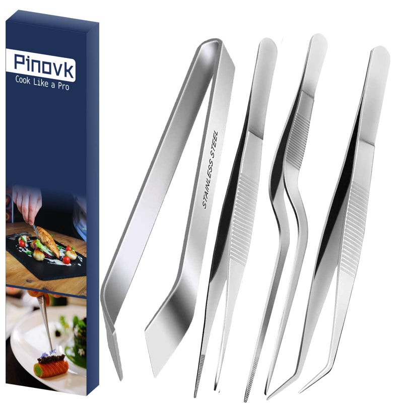 Cooking Tweezers 4 Piece Set 63 inches Stainless Steel Kitchen Tweezers Culinary with Chef Cooking Utensils for Cooking Food Design styling
