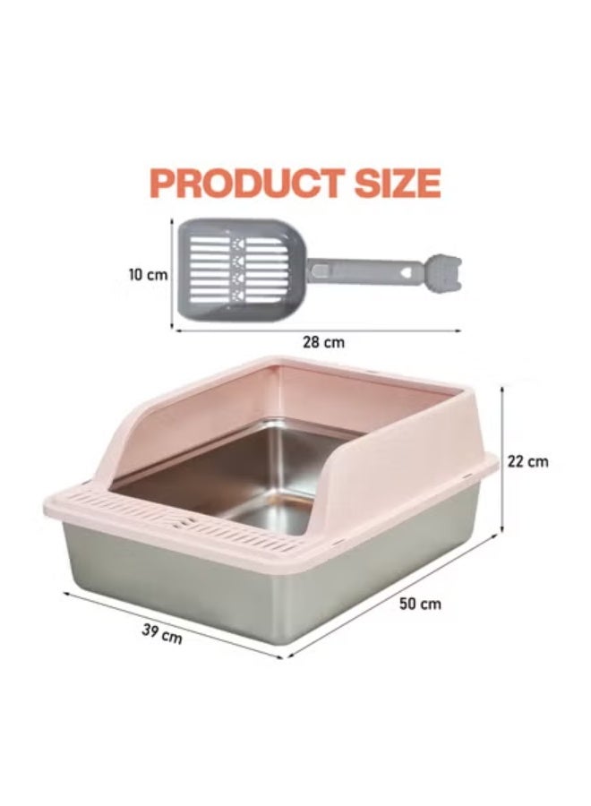 NNC PETS Stainless steel cat litter box for Indoor/Outdoor use, Durable Semi-enclosed cat toilet with High fence, Litter scoop, Non-stick, Grid design, and Detachable design, Easy to clean, 50 cm (Pink) - Image 2