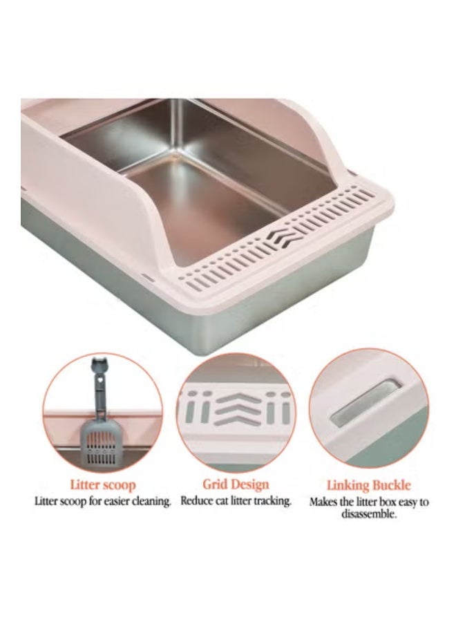 NNC PETS Stainless steel cat litter box for Indoor/Outdoor use, Durable Semi-enclosed cat toilet with High fence, Litter scoop, Non-stick, Grid design, and Detachable design, Easy to clean, 50 cm (Pink) - Image 3