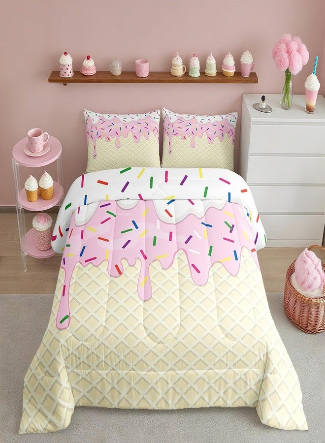 Homewish Girls Ice Cream Twin Size Comforter Set,Kids Pink White Cream Cake Decor All Season Bedding Set,Teens Colorful Candy Comforter,Children Desserts Decor Quilt Set Bedroom Collection 2Pcs - Image 1