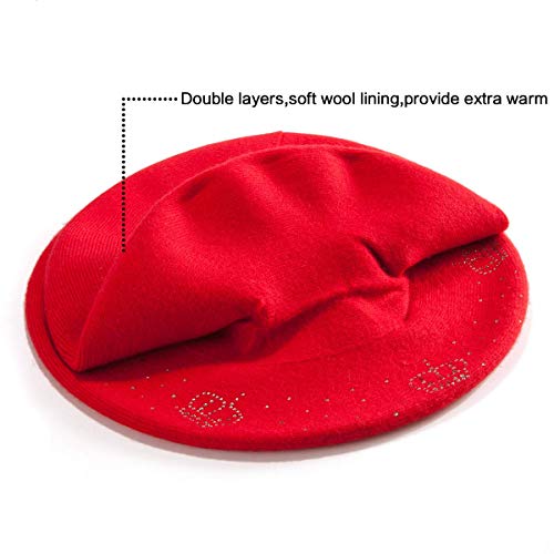 LADYBRO Knit Beret French Hats for Women Barrette Dress Cute Winter (Red-Top Rhinestones) - Image 3