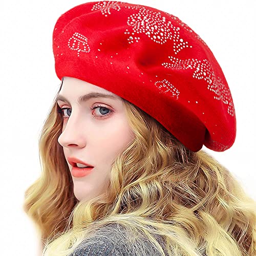 LADYBRO Knit Beret French Hats for Women Barrette Dress Cute Winter (Red-Top Rhinestones) - Image 1