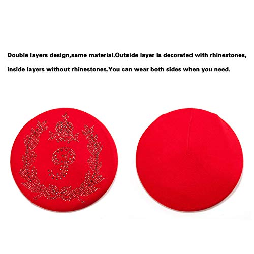 LADYBRO Knit Beret French Hats for Women Barrette Dress Cute Winter (Red-Top Rhinestones) - Image 2