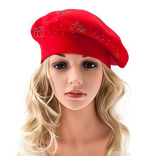 LADYBRO Knit Beret French Hats for Women Barrette Dress Cute Winter (Red-Top Rhinestones) - Image 4