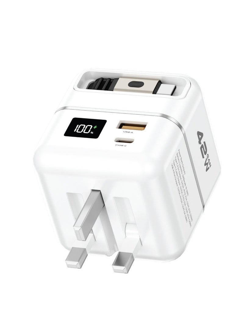 GREEN LION Multi Functional Premium Series Charger and Power Bank 5000mAh Battery / GaN Charger PD42W / 1M Retractable Type-C Cable / Type-C Port and USB-A Port / Fast Charger Powerbank 5000 mAh and 3 Pin Charger with Digital Display - White - Image 1