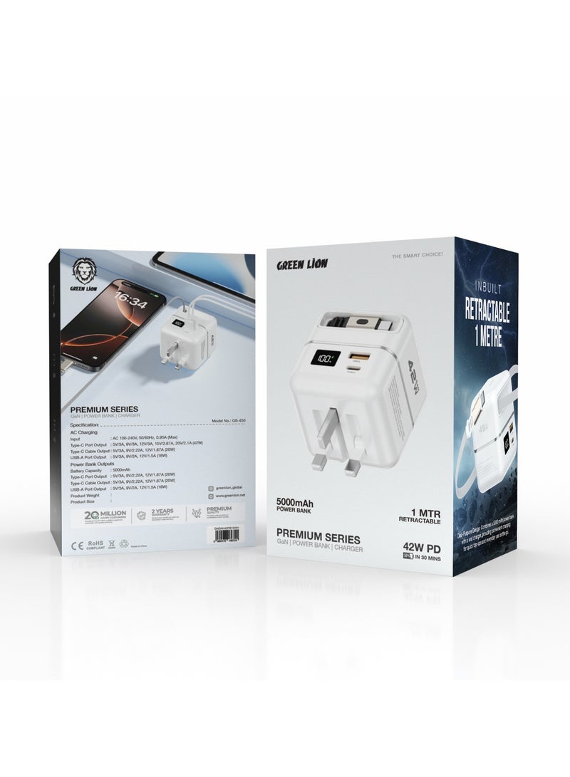 GREEN LION Multi Functional Premium Series Charger and Power Bank 5000mAh Battery / GaN Charger PD42W / 1M Retractable Type-C Cable / Type-C Port and USB-A Port / Fast Charger Powerbank 5000 mAh and 3 Pin Charger with Digital Display - White - Image 3