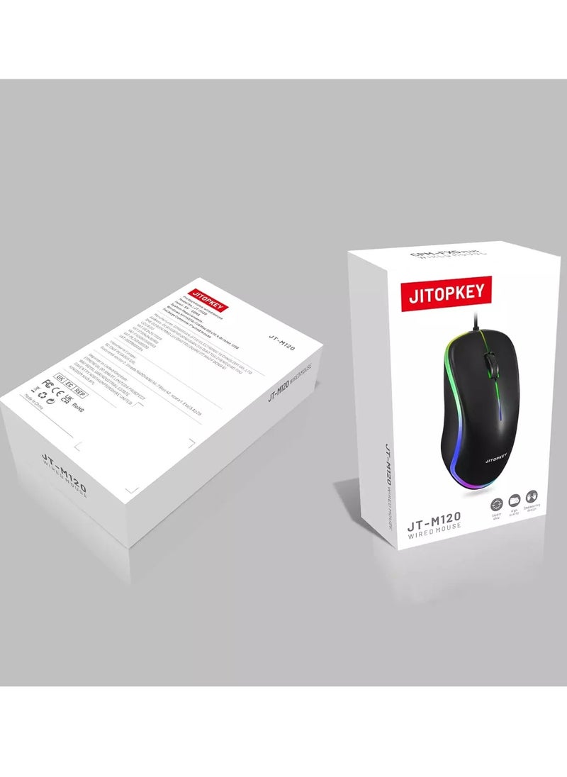 JITOPKEY - M120 USB Wired Mouse, Rainbow Lights Optical Corded Computer Mouse, Comfortable Click for Office and Home Mice, Compatible with Windows PC, Laptop, Desktop, MacBook, Chromebook, Multicolor - Image 1