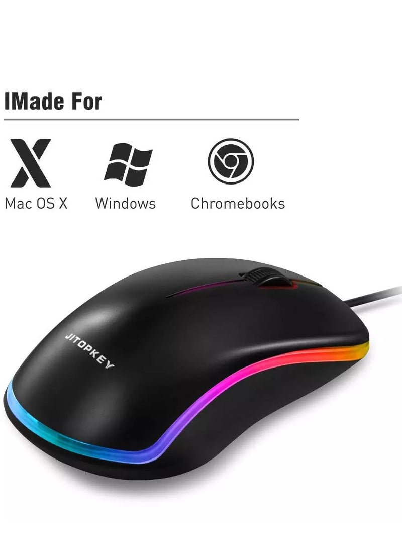 JITOPKEY - M120 USB Wired Mouse, Rainbow Lights Optical Corded Computer Mouse, Comfortable Click for Office and Home Mice, Compatible with Windows PC, Laptop, Desktop, MacBook, Chromebook, Multicolor - Image 1