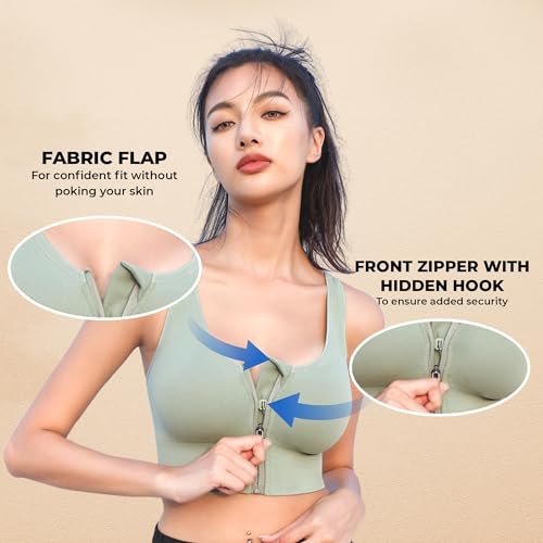 PLUMBURY Women's Seamless Padded Full Coverage Front Zip Cross Back Nylon Spandex Sports Bra, Size M, Green - Image 2