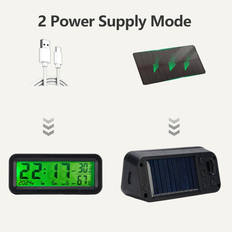Solar Car Dashboard Clock With Automatic Backlight Temperature And Humidity Monitor Digital Electronic Clock Black - Image 4