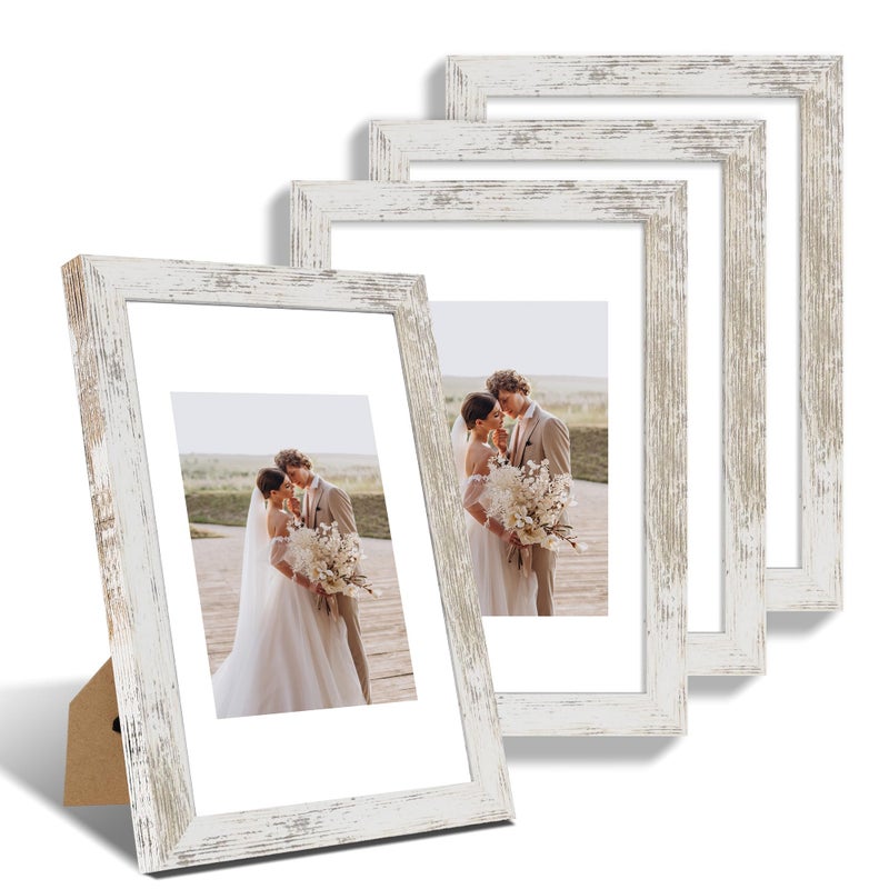 Hongkee 8x12 Picture Frame Set of 4  Made of Glass and Distressed White Wooden Frame - Display 6x8 Picture with Mat or 8 x 12 Poster Without Mat  8 by 12 Photo for Wall or Tabletop - Image 1