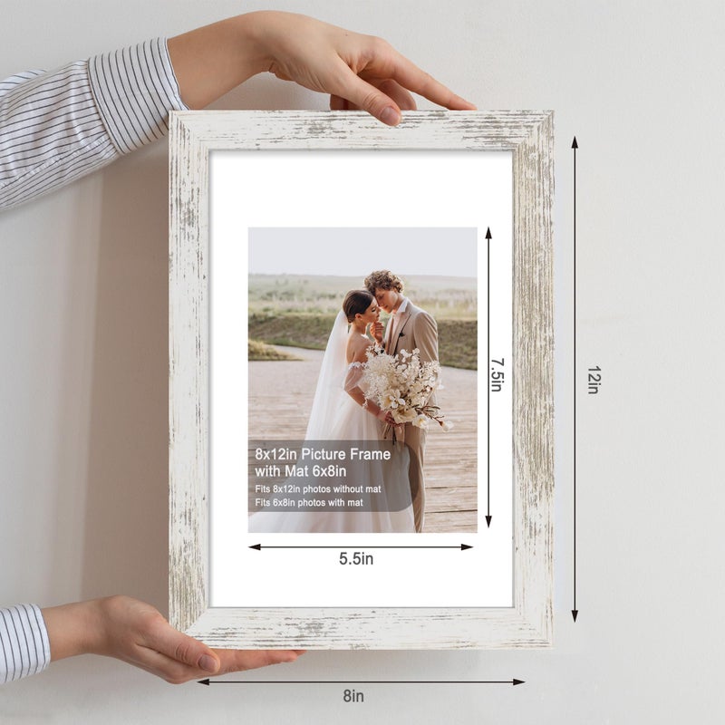 Hongkee 8x12 Picture Frame Set of 4  Made of Glass and Distressed White Wooden Frame - Display 6x8 Picture with Mat or 8 x 12 Poster Without Mat  8 by 12 Photo for Wall or Tabletop - Image 2