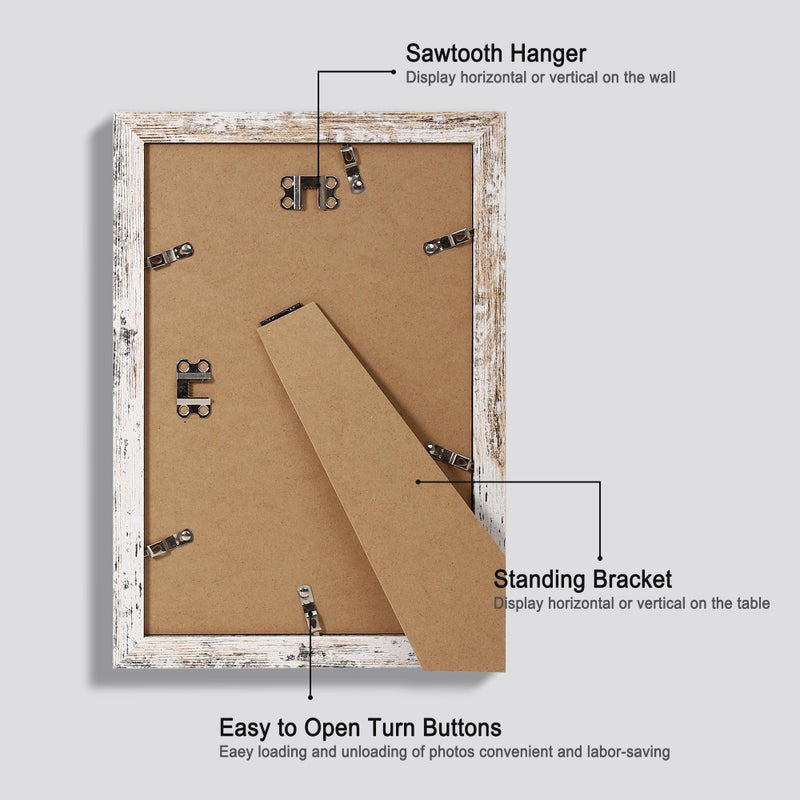 Hongkee 8x12 Picture Frame Set of 4  Made of Glass and Distressed White Wooden Frame - Display 6x8 Picture with Mat or 8 x 12 Poster Without Mat  8 by 12 Photo for Wall or Tabletop - Image 3