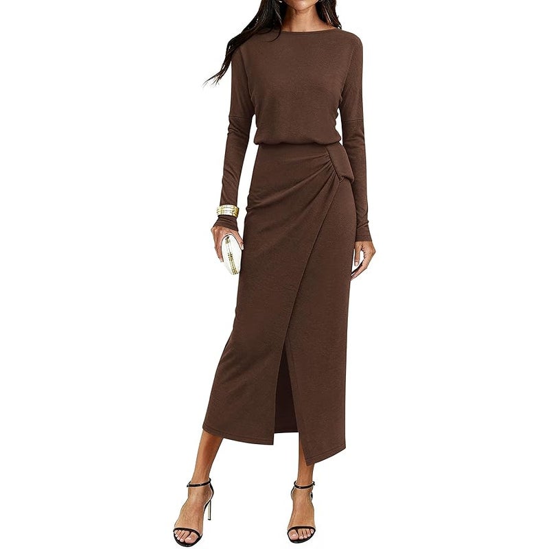 KIRUNDO Autumn Dresses for Women 2025 Long Sleeve Boat Neck Ruched Slit Lightweight Casual Knitted Maxi Dress - Image 1