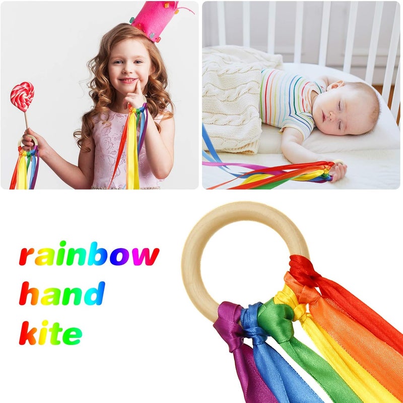 WILLBOND 3-Piece Rainbow Hand Kite - Ribbon Wrist Ribbons, Wind Wand Dancing Streamer with Wood Ring - Sensory Educational Toys for Birthday Party Favors (Fresh Color) - Image 5