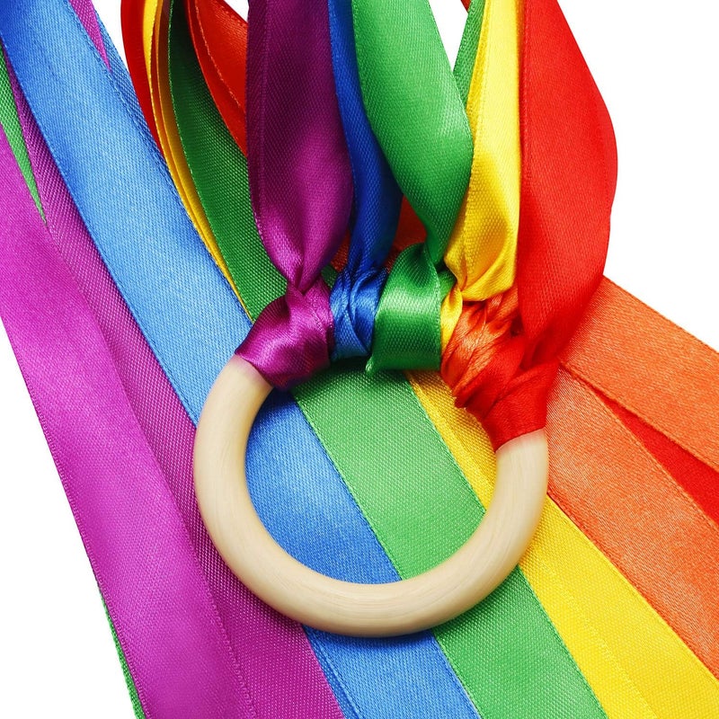 WILLBOND 3-Piece Rainbow Hand Kite - Ribbon Wrist Ribbons, Wind Wand Dancing Streamer with Wood Ring - Sensory Educational Toys for Birthday Party Favors (Fresh Color) - Image 1