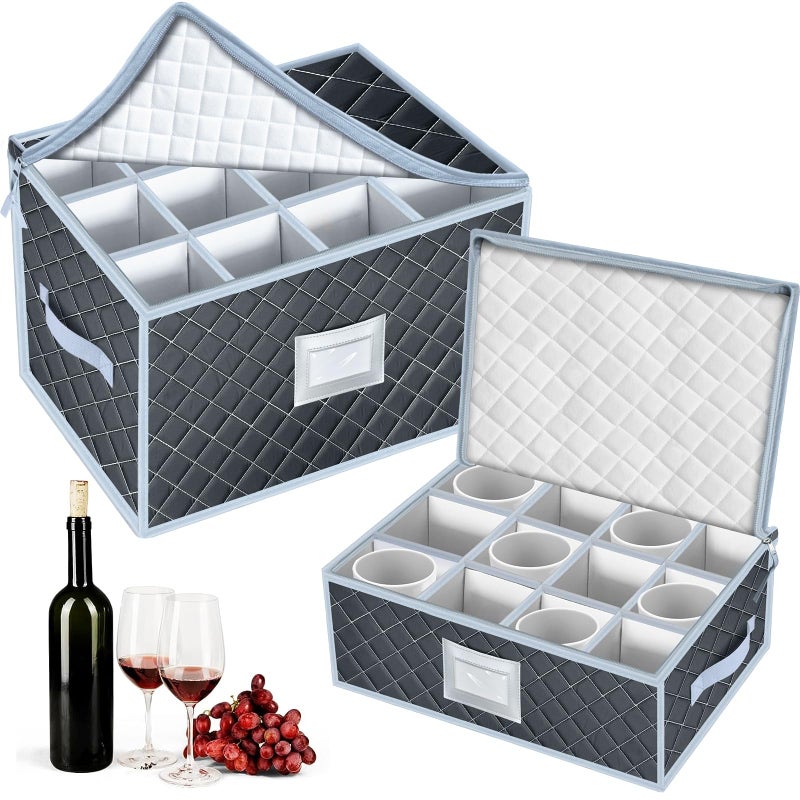 Wine Glass and Mug Storage Box with Dividers  2 Pack China Storage Containers Set Holds 24 Glassware  StemwareCoffee Mug and Tea Cup Organizer Bin with Sturdy Metal ZipperLabel and Handles Grey