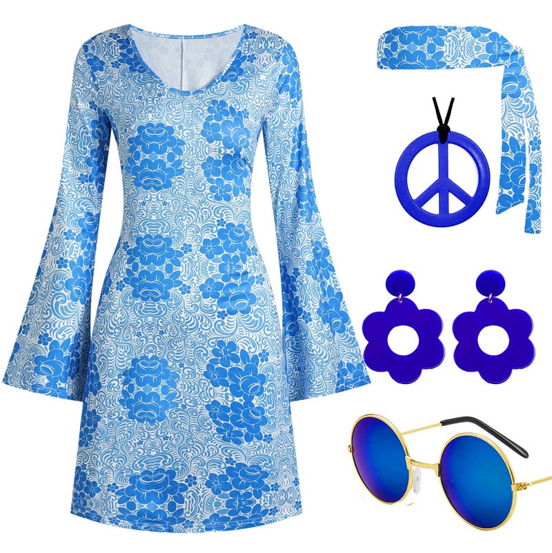 Deerjoke 60S 70S Disco Outfit Hippie Costume Women  1970 Style Clothes Dress Accessories Jewelry Halloween (Blue  Large) - Image 1