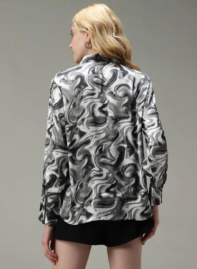 Outzidr  Grey Printed Satin Shirt for Women | Best Price UAE