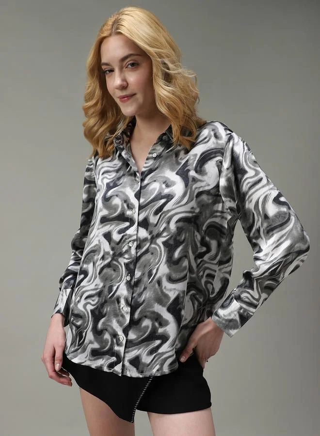 Outzidr  Grey Printed Satin Shirt for Women | Best Price UAE