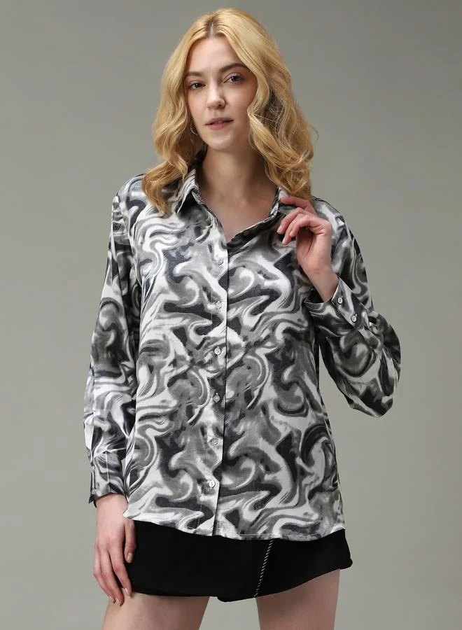 OUTZIDR Grey Printed Satin Shirt