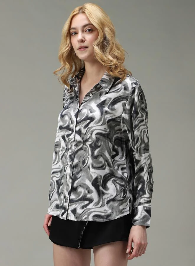OUTZIDR Grey Printed Satin Shirt
