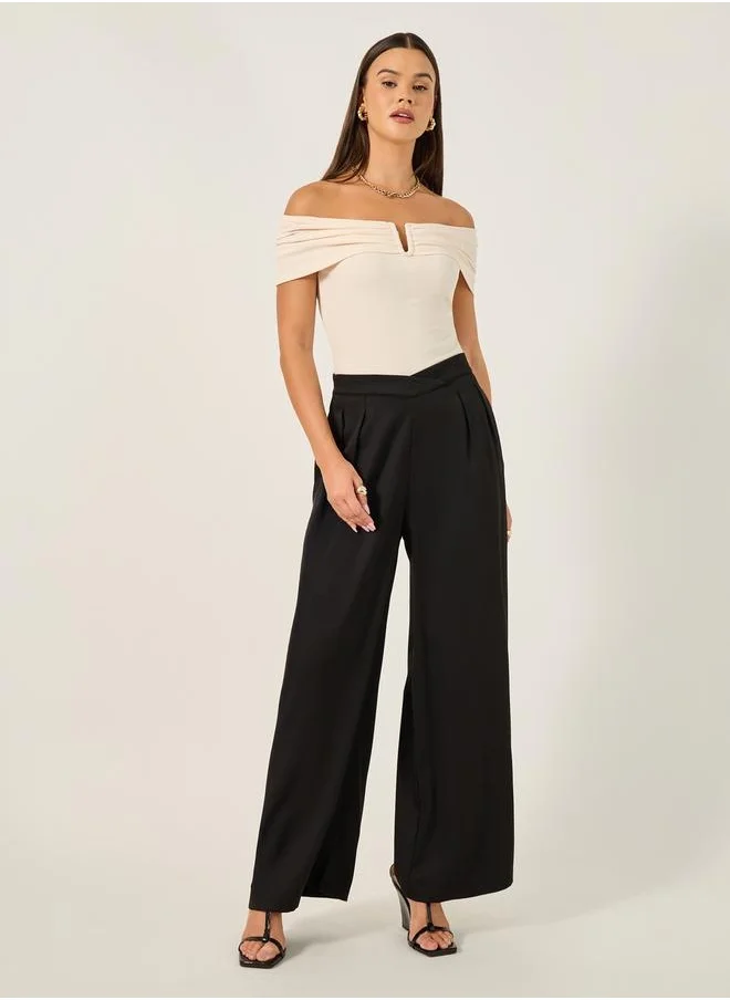 Styli Cross Waistband Wide Leg Pants with Side Seam Pockets