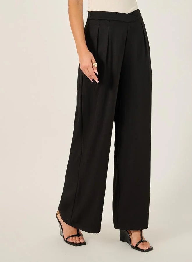 Styli Cross Waistband Wide Leg Pants with Side Seam Pockets