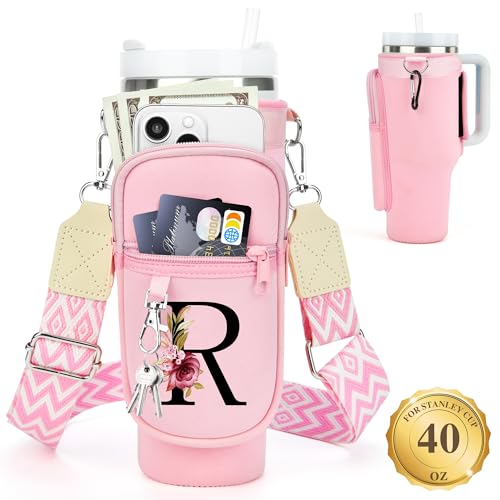 LOKASS Personalized Water Bottle Holder with Strap for Stanley Cup Accessories 40 oz Initial for Stanley Cup Holder Carrier Bag with Phone Pocket Stylish Tumbler Accessories Gifts for Women Pink - Image 1