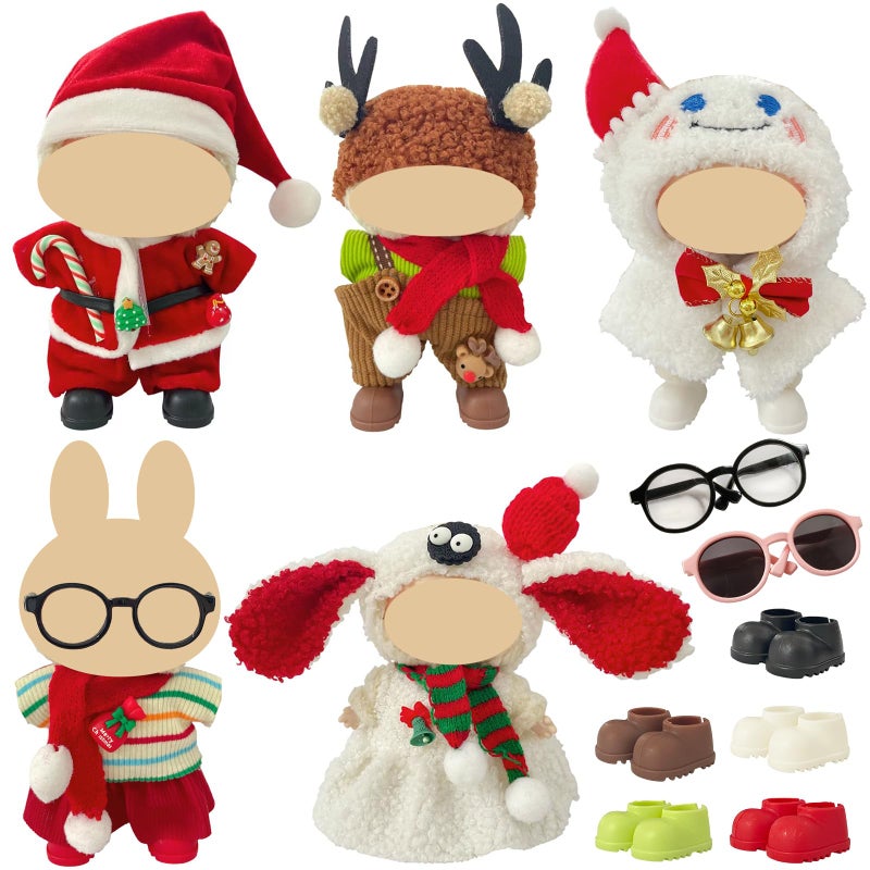 Ezcora 5 Pack Christmas Doll Clothes Set for 17cm Doll Santa Reindeer Snowman Costumes with Shoes Scarves Glasses Accessories No Dolls Christmas Outfit - Image 3
