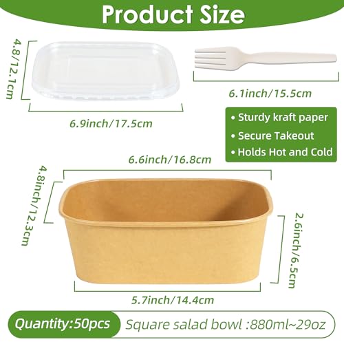 FEHHTO 50-Pack 30oz Disposable Meal Prep Containers【with Lids and Forks】, Compostable Kraft Paper Bowls To Go Food Containers, Microwave & Freezer Safe for Hot & Cold Foods - Image 2
